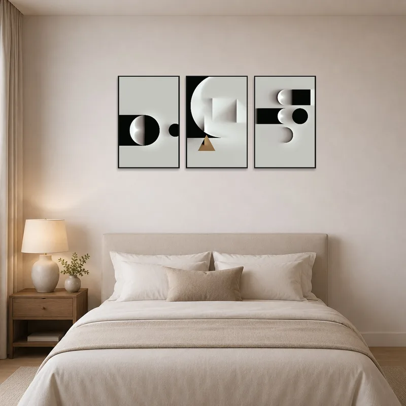 Elegant bedroom featuring a geometric triptych art set.
