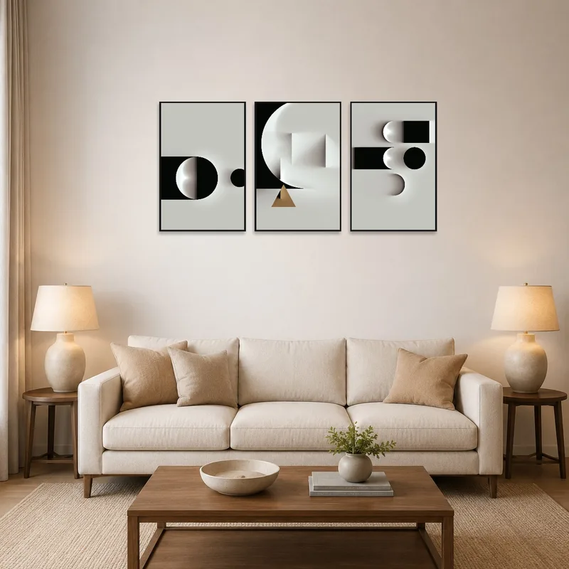 Geometric triptych art set adorns a stylish living room wall.