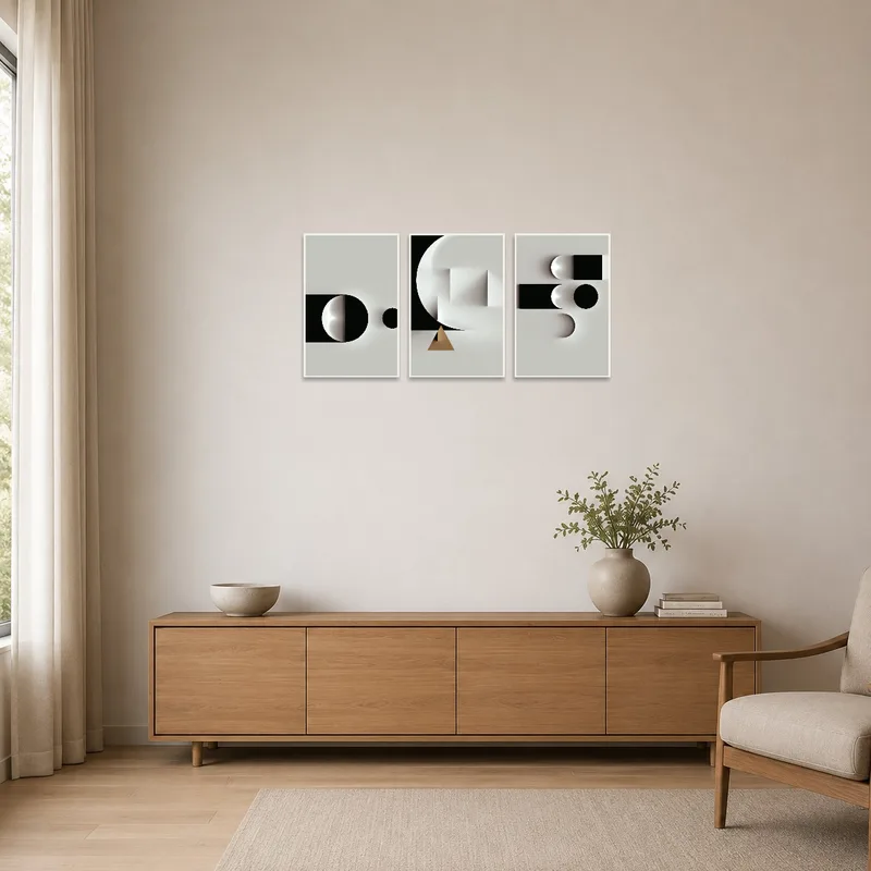 Minimalist room with triptych art set displaying geometric designs.
