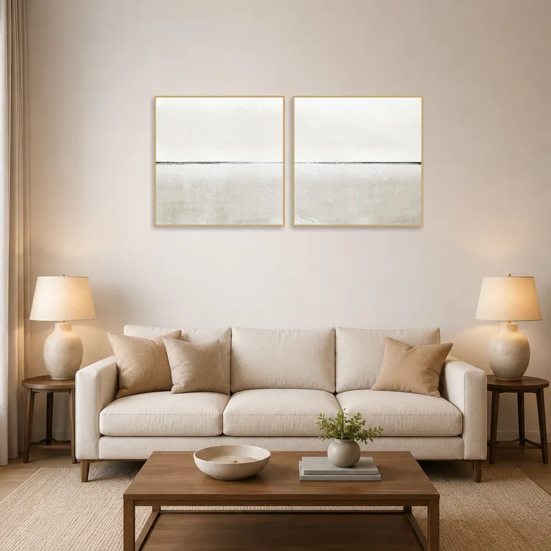 Three-panel artwork with subtle lines on a living room wall above a modern sofa.