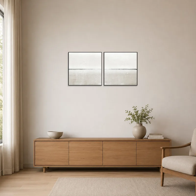 Triptych with minimal lines displayed on a clean, sparse wall.