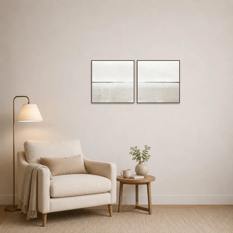Art with subtle lines adds sophistication to a cozy reading nook.