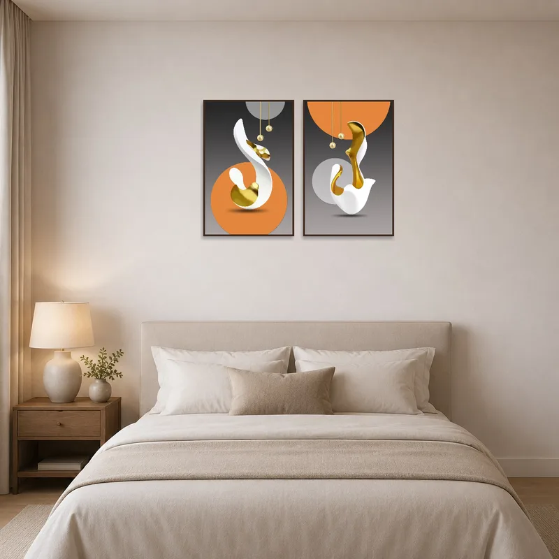 Modern abstract prints harmonize the bedroom space, with gold accents adding elegance above the headboard.