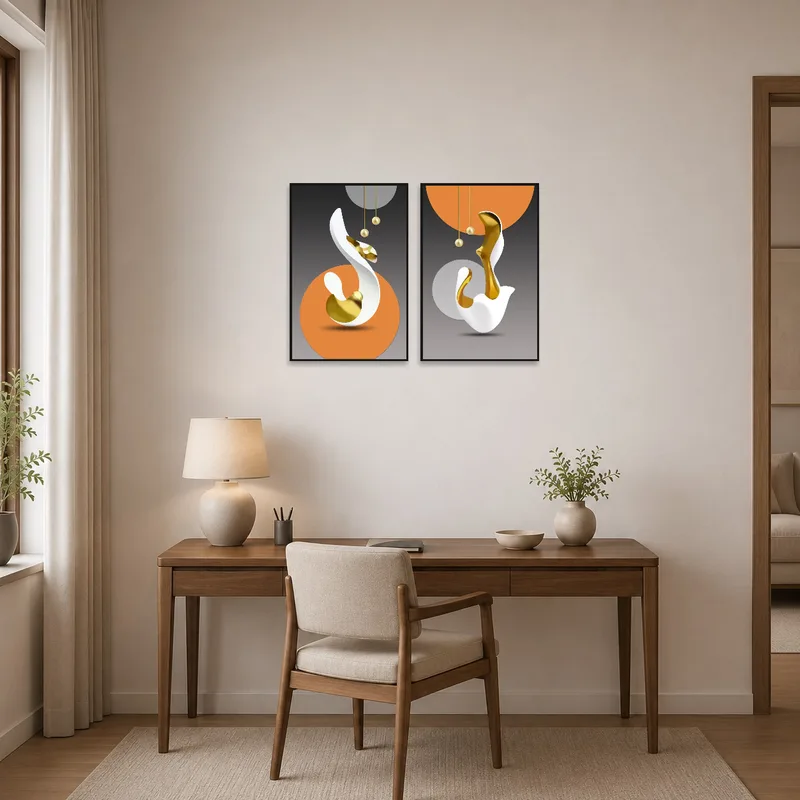 The gold-accented abstract prints inspire creativity and elegance in the home office environment.