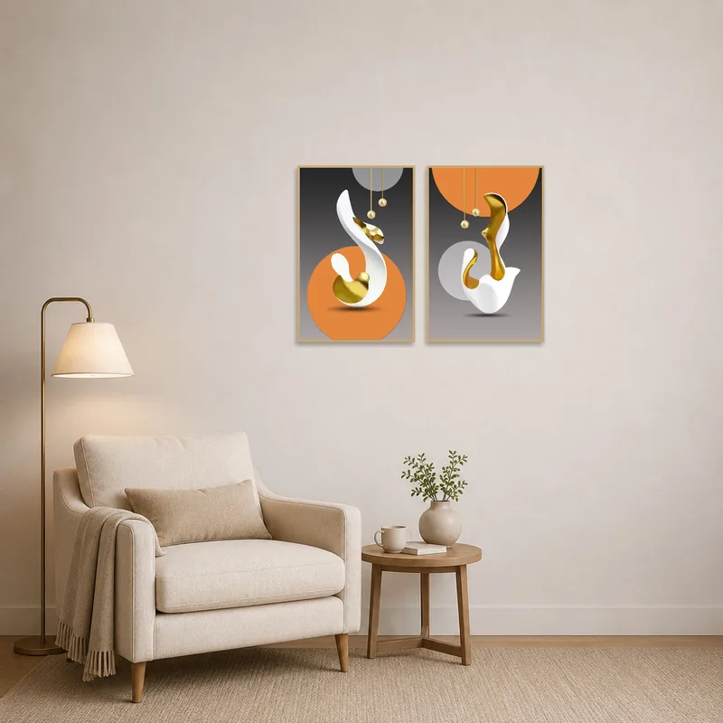 In the reading corner, the gold-accented abstract set evokes thought and creativity against a cozy backdrop.