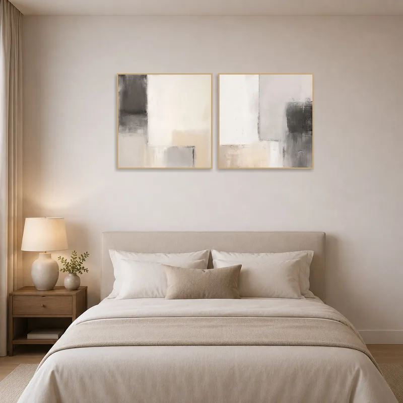 Neutral art set brings sophistication to the bedroom.