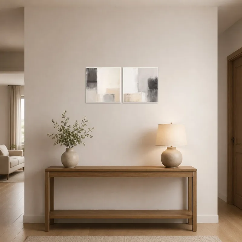 Contemporary abstract set enhances the entrance hall.