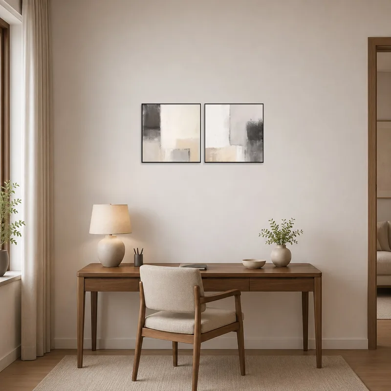 Abstract squares adorn the walls of a chic home office.