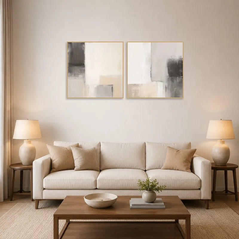 Modern abstract square art set hangs in a stylish living room.