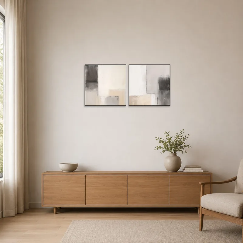 Neutral abstract art tastefully complements a minimalist room.