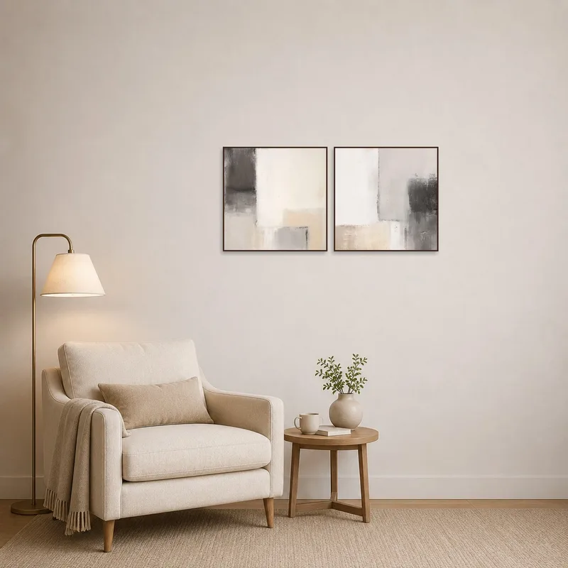Abstract square art adds intrigue to a cozy reading corner.