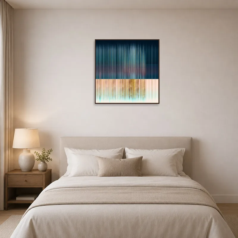 Modern lines canvas art enhances a bedroom with calming tones.
