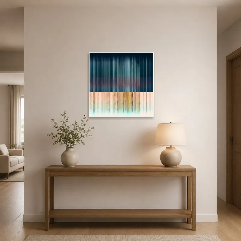 Eye-catching vertical lines art greets guests in the entrance hall.