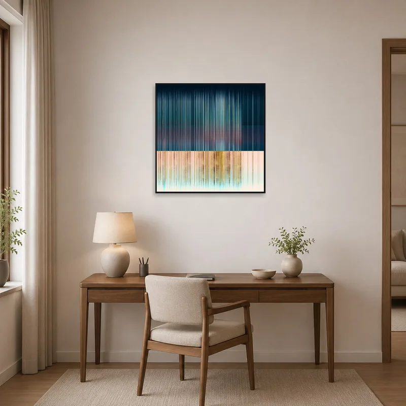 Vertical lines art brings sophistication to a home office.