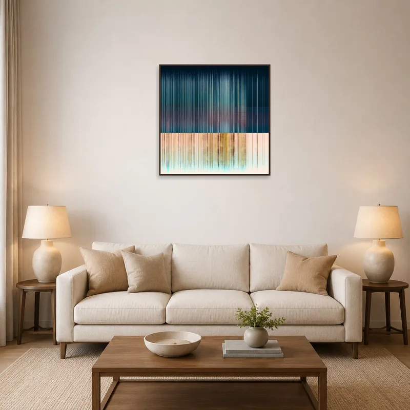 Vertical lines canvas art on a living room wall above a cozy sofa.