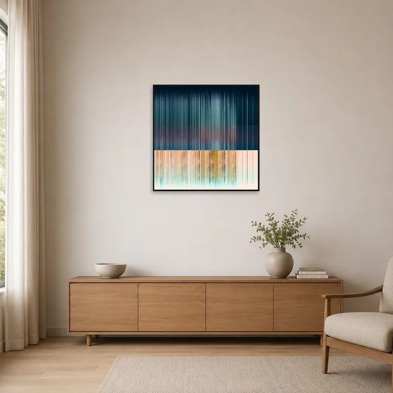 Abstract vertical lines art adds style to a minimalist room.
