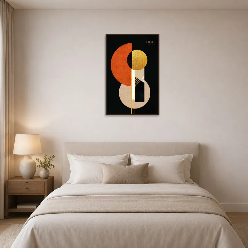 Modern geometric abstract art with earthy shades hanging in a calming bedroom.