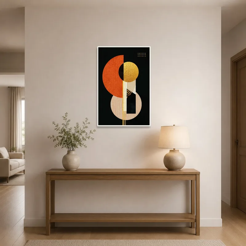 Entrance hall showcasing a modern geometric abstract art with earth hues.