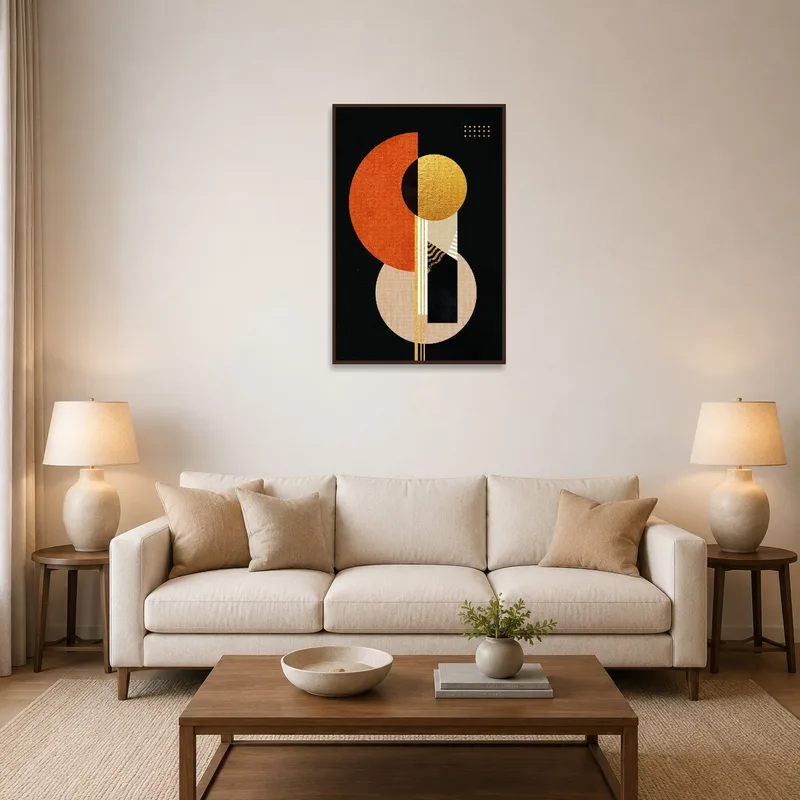 Modern geometric abstract art with earthy tones in a cozy living room setting.