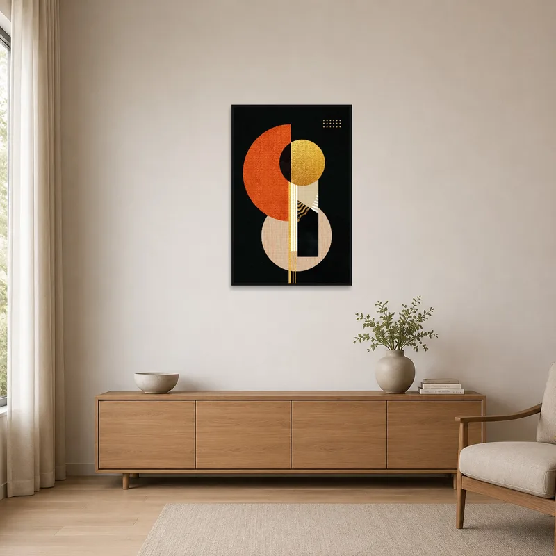 Minimalist room featuring a modern geometric abstract art piece in earthy tones.