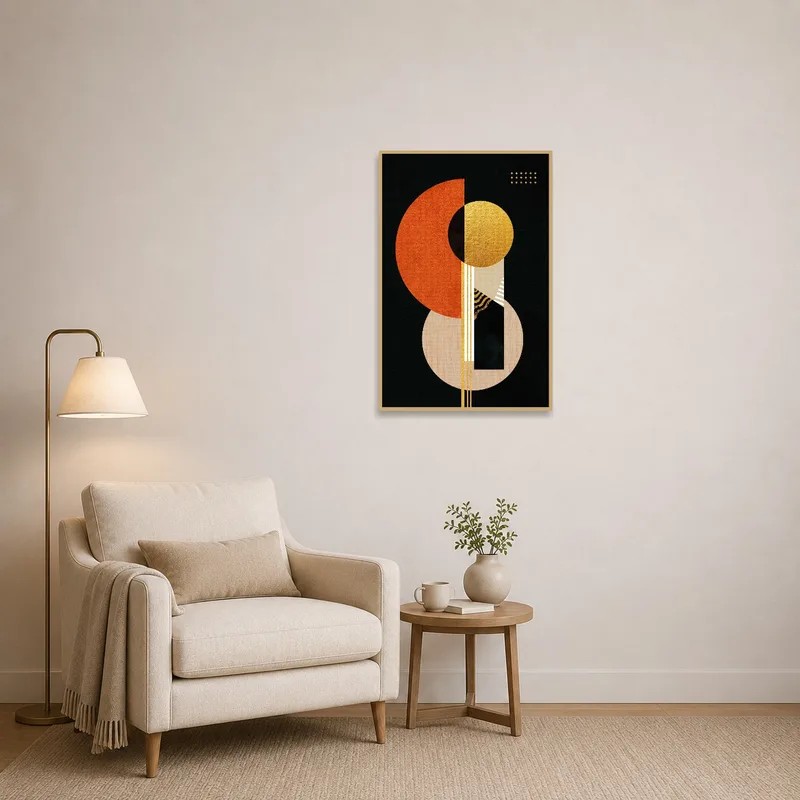 Reading corner adorned with a modern geometric abstract piece in warm earth tones.