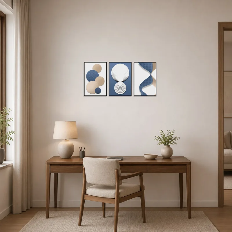 Modern geometric triptych set inspiring creativity in a tidy home office.