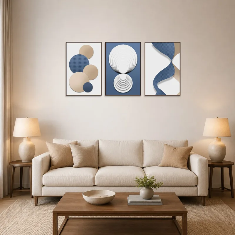 A modern geometric triptych set displayed above a plush living room sofa.