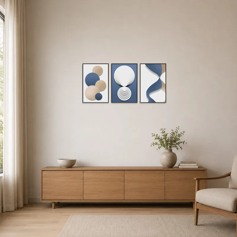 Modern geometric triptych set adding flair to a stark minimalist space.