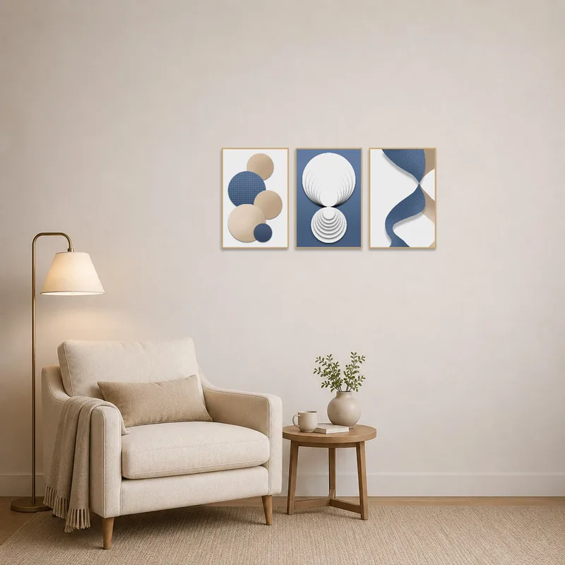 Geometric triptych set enhancing the cozy atmosphere of a reading corner.