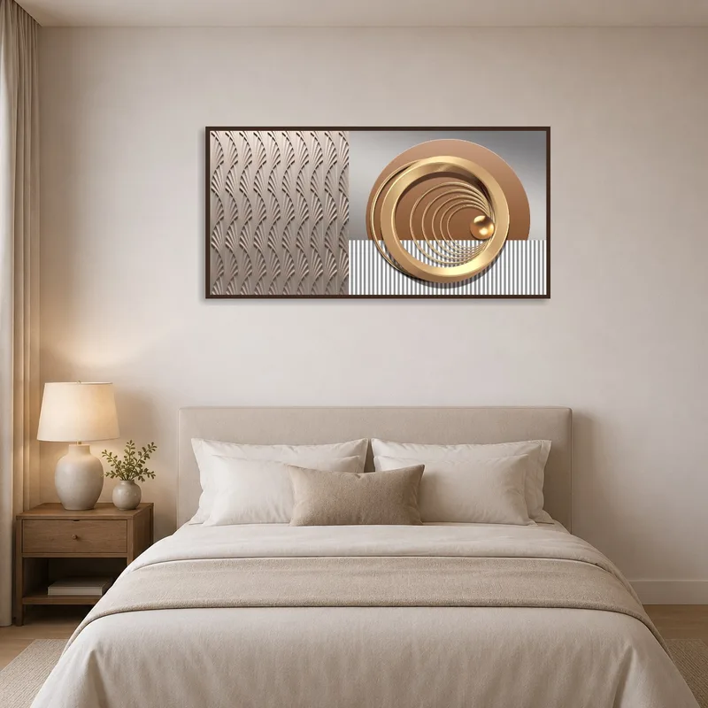 Metallic-accented geometric art adding style to a serene bedroom.