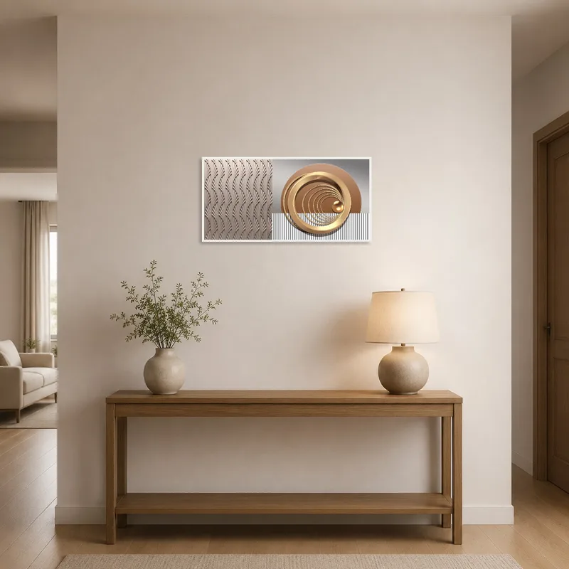 Geometric art with metallic tones gracing an elegant entrance hall.