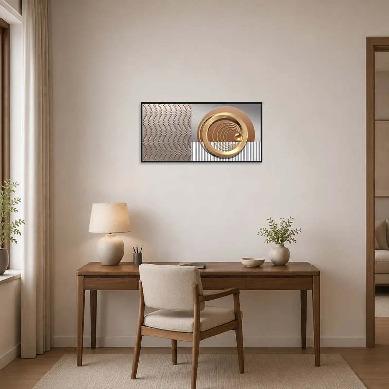 Sophisticated geometric art with metallic touches in a modern home office.