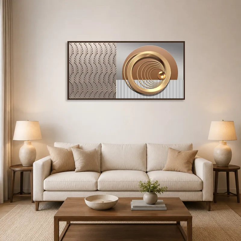 Modern geometric art with metallic accents above a chic living room sofa.