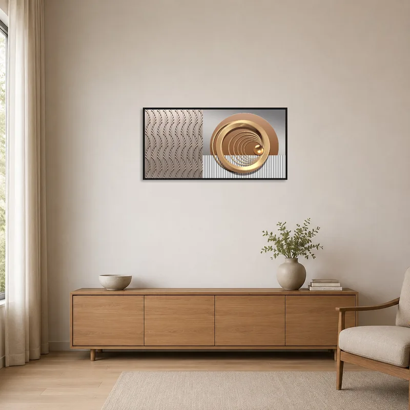 Minimalist room featuring bold geometric art with shimmering metallic accents.