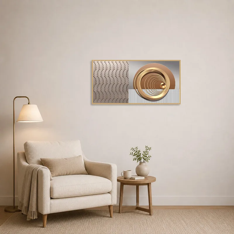 Art with metallic elements enhancing a cozy reading corner.