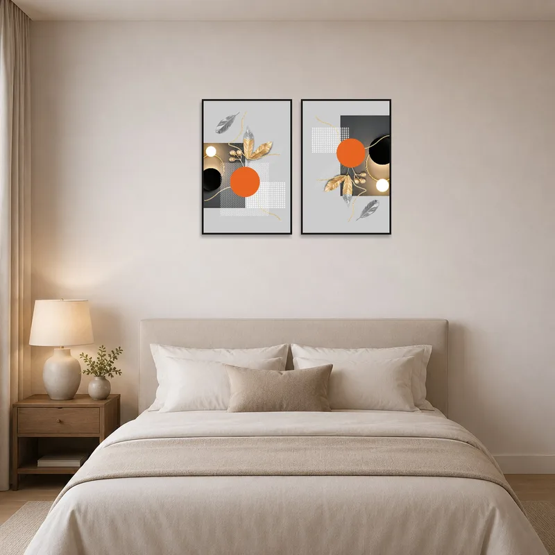 Bedroom adorned with modern geometric botanical artwork in gold and orange hues.