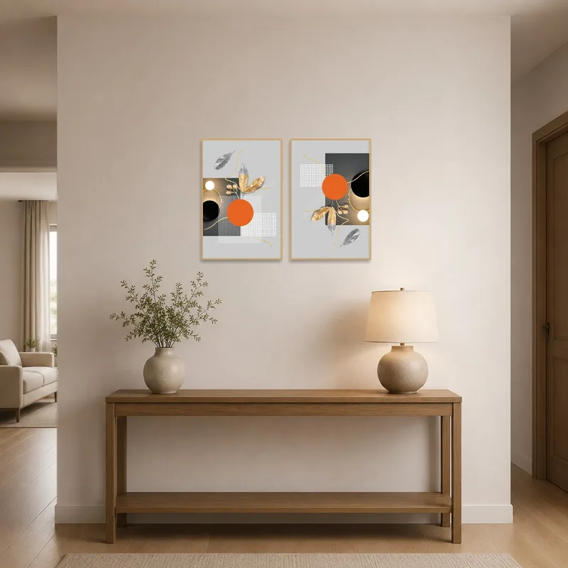 Entrance hall with modern botanical artwork featuring geometric gold and orange designs.