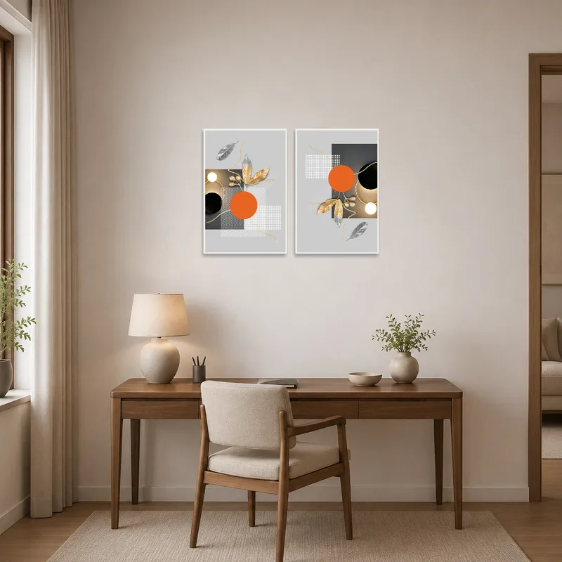 Home office featuring a modern art set with botanical geometric designs in gold and orange.