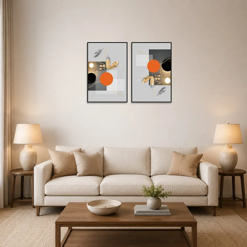 Gold and orange geometric botanical art set in a contemporary living room.