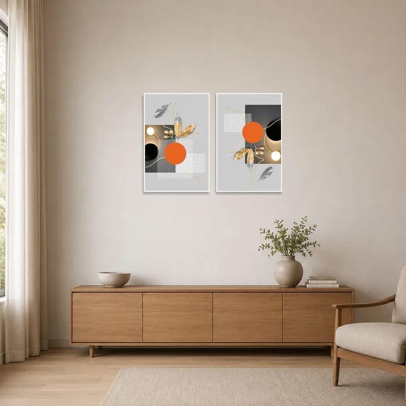 Minimalist space highlighting geometric botanical prints in gold and orange.