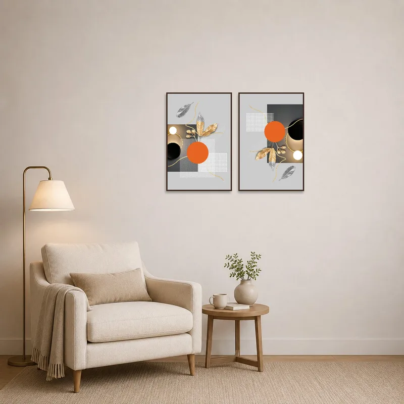 Cozy reading corner accented by geometric botanical art in gold and orange tones.