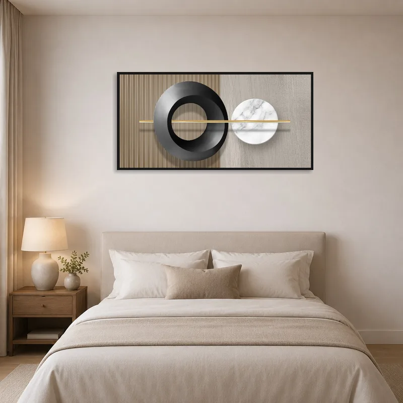 Circular geometric art providing a focal point above the bed in the bedroom.