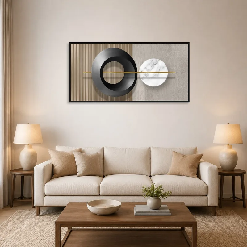 Abstract geometric art with circles above the sofa in a stylish living room.