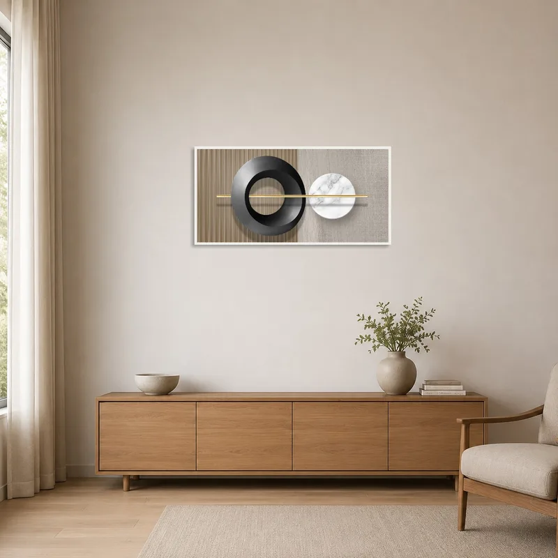 Circular geometric art in a minimalist room with clean lines and sparse furniture.