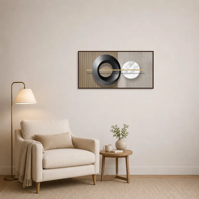Modern art of circular shapes adds interest to a cozy reading corner.