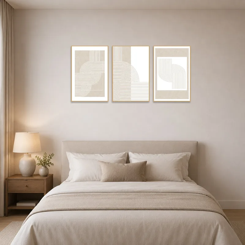 Three-panel geometric curves set above the bedroom headboard.