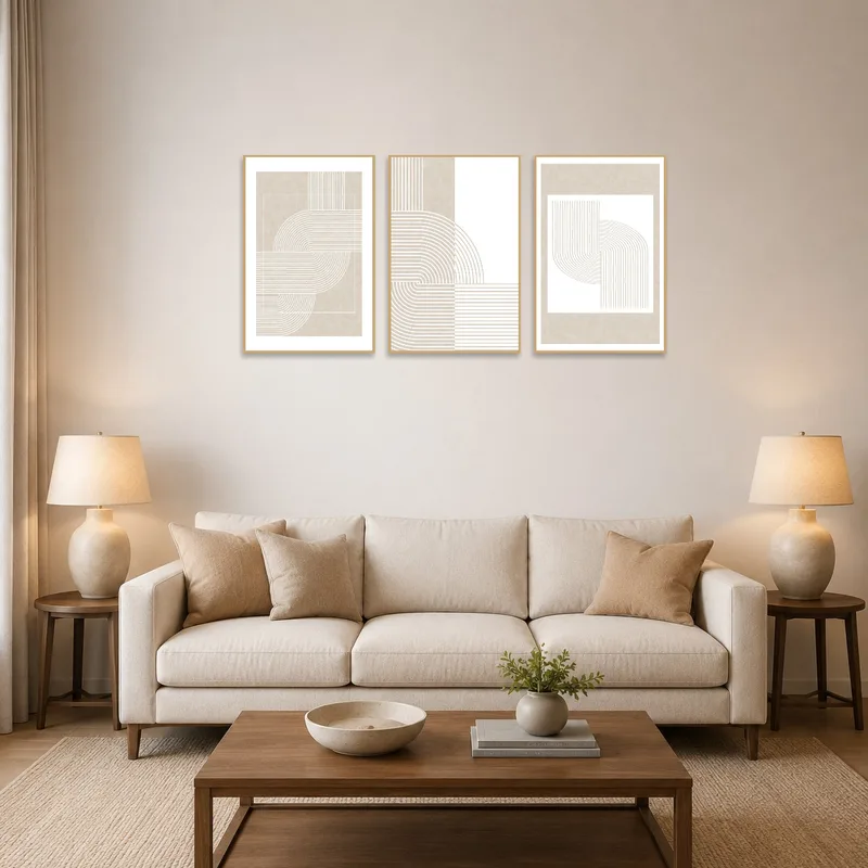 Triptych of geometric curves in beige above a modern living room sofa.