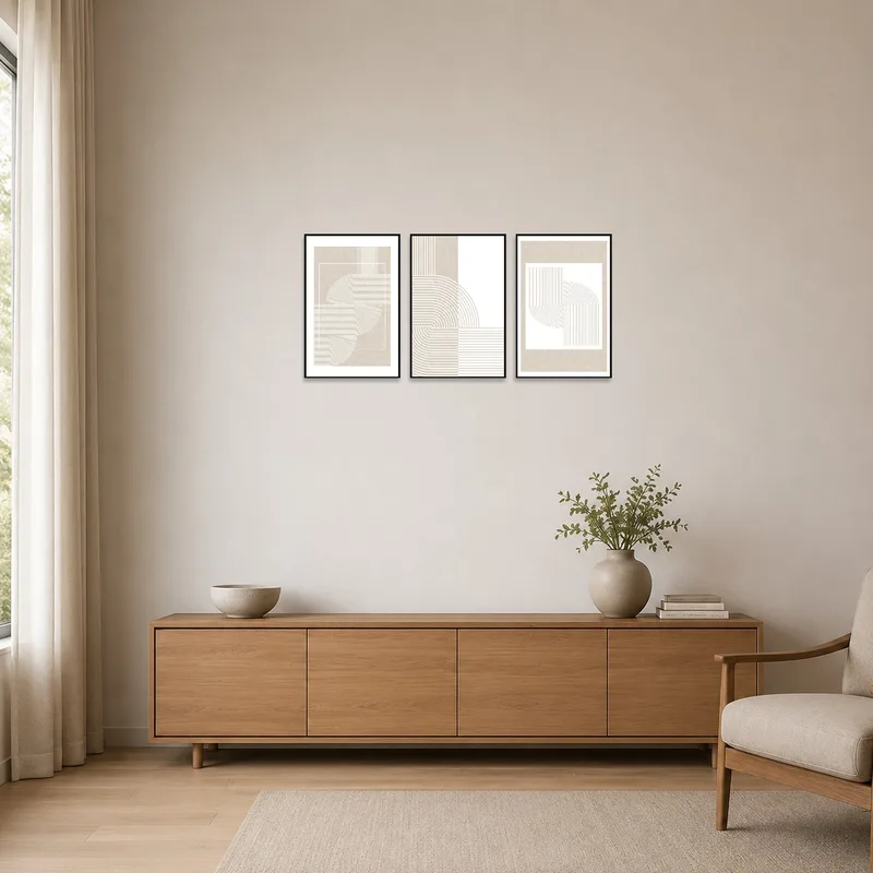 Set of three beige geometric pieces in a minimalist room setting.