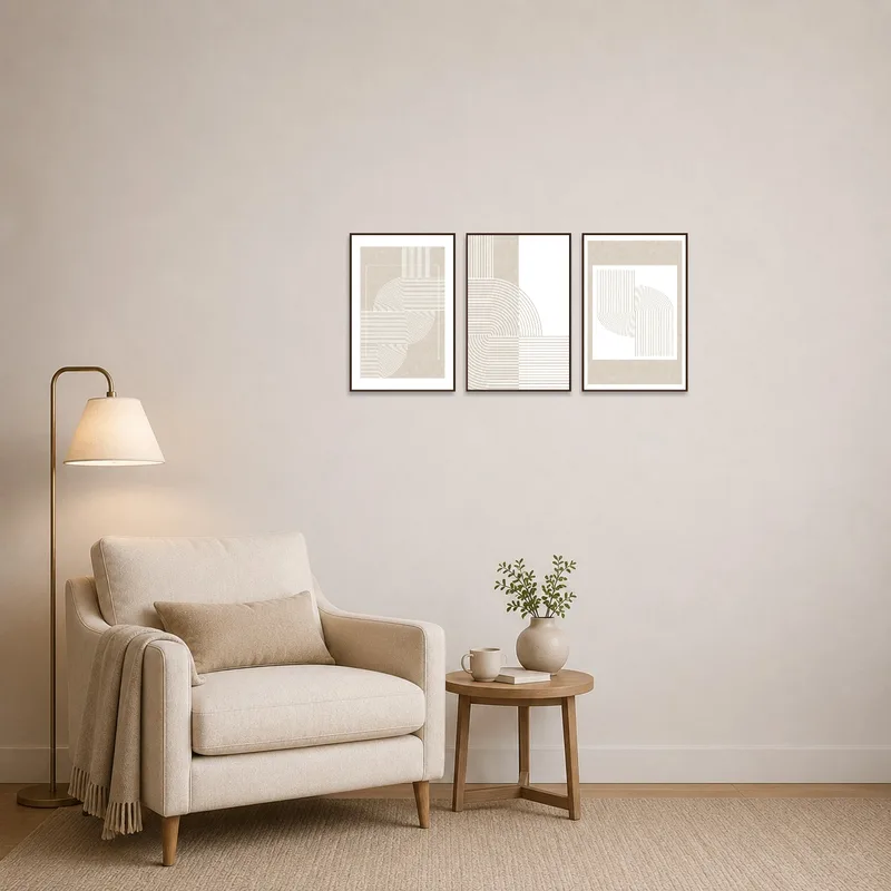 Modern beige geometric set enhancing the cozy reading corner.