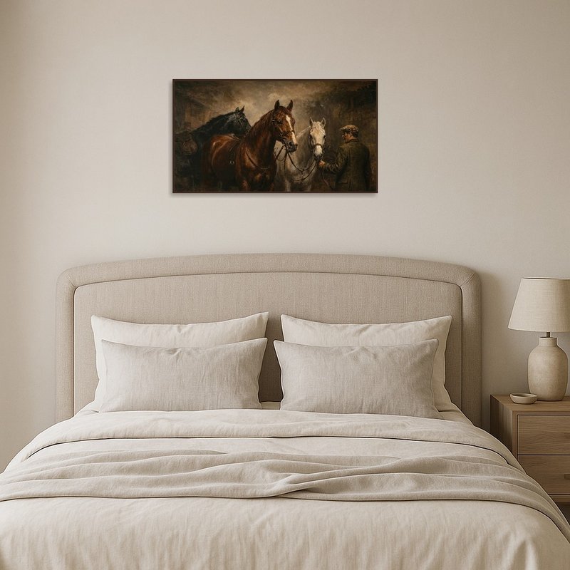 Equestrian scene with a handler adds elegance to a bedroom wall.